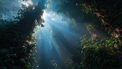Obraz premium Sunlight filtering through a dense, lush forest
