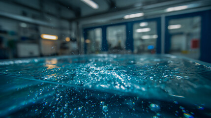 A high-resolution photograph of an underwater table in the laboratory, with water floating on top and bubbles visible at its surface.