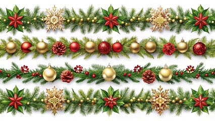 Collection of festive christmas garlands and borders with pine branches, poinsettias, snowflakes, and baubles, isolated on white background