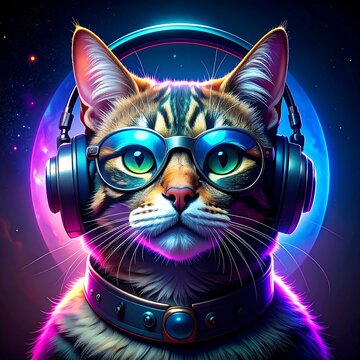 A cat in headphones, vibrant colors