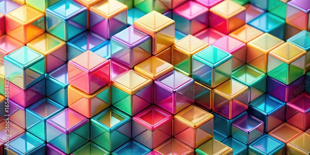 Poster A vibrant arrangement of glossy cubes in a multicolored pattern, creating a dynamic and visually engaging composition.