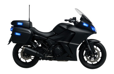 Police motorcycle with aerodynamic fairing and blue strobe lights