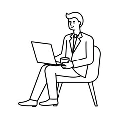Businessman with coffee working on a laptop in a chair