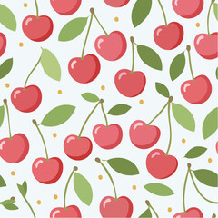 Seamless red cherry pattern on white background, ideal for fruit prints, summer-themed designs, fabrics, wallpapers, wrapping, and vibrant digital projects.