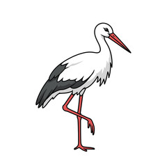 A cartoon illustration of a stork standing gracefully with a long beak and legs.