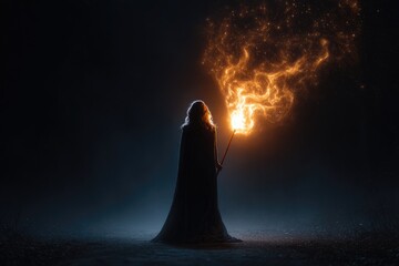 A captivating silhouette of a woman holding a magical, fiery torch illuminates a dark, misty night.