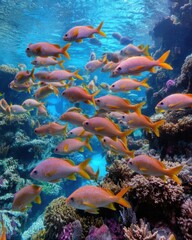 School of vibrant fish swimming in coral reef ecosystem underwater view tropical ocean marine life biodiversity