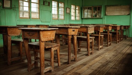 Empty classroom with aged wooden desks and chairs, rows of desks facing front, pale green walls