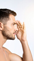 Obraz premium Side profile man hand shading eyes studio lighting white background thoughtful expression closeup portrait