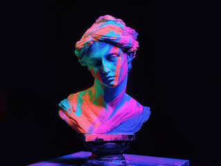 Gypsum bust painted with fluorescent colors, combining classicism and modern art in a vibrant and captivating artwork