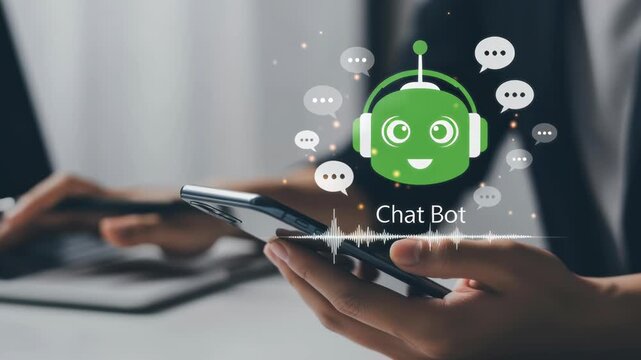 Person using smartphone with chat bot assistant on screen.