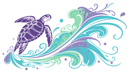 Stylized illustration of a sea turtle swimming amidst swirling ocean waves and floral accents