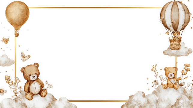 Cute teddy bear with hot air balloon on cloud in watercolor style. Adorable baby shower invitation frame for celebration. Whimsical border background with copy space - Powered by Adobe