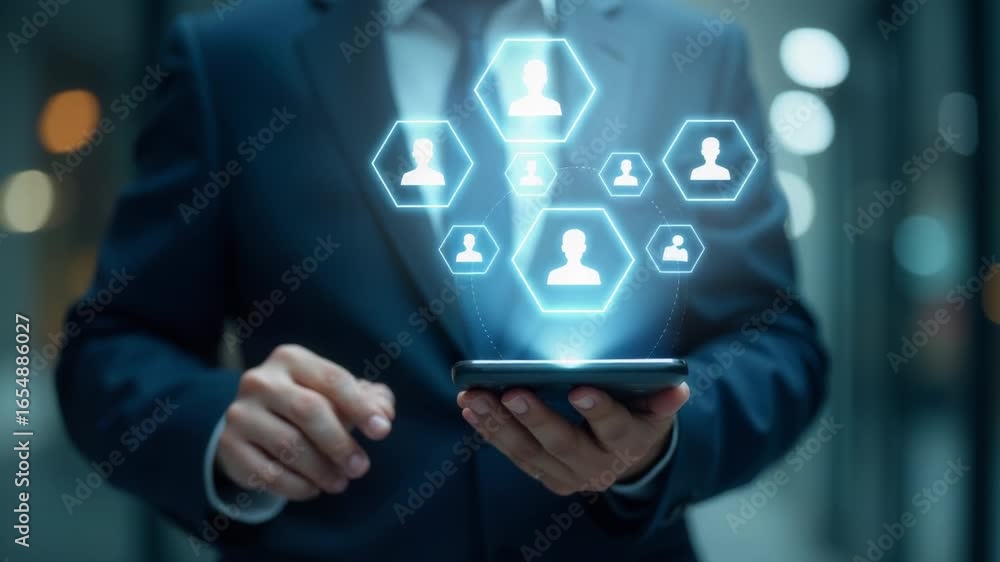 Poster a person holding a tablet computer with various app icons displayed