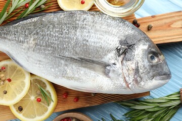 Fresh raw dourade with spices on blue wooden table, closeup. Fish and seafood delicacies