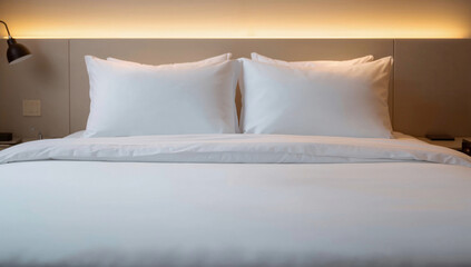 Obraz premium Neatly Made Hotel Bed With Crisp White Sheets And Fluffy Pillows In Cozy Modern Room