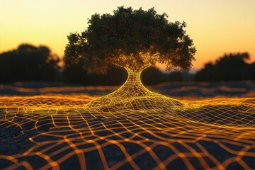Digital art depicting interconnectedness between nature and technology, symbolized by a tree merging with a luminous grid at sunset