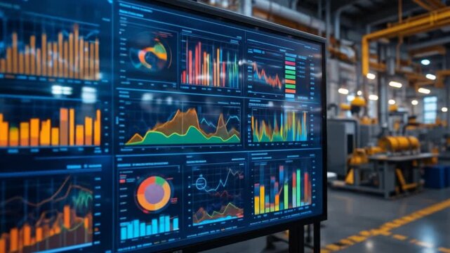Data visualization on a digital screen displays energy consumption patterns in a modern industrial facility. Dynamic graphs and charts illustrate trends and analytics. 4k video - Powered by Adobe