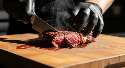 Chef slicing a hot, juicy medium-rare beef steak on a wooden board.