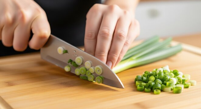 Close up of hands chopping fresh green onions on a wooden cutting board. - Powered by Adobe