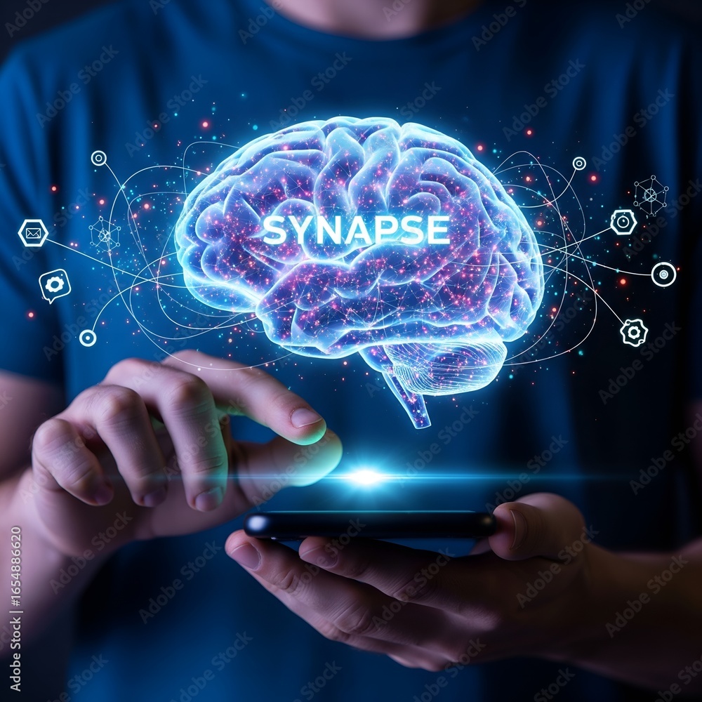 Poster person interacts with glowing digital brain hologram displaying the word synapse