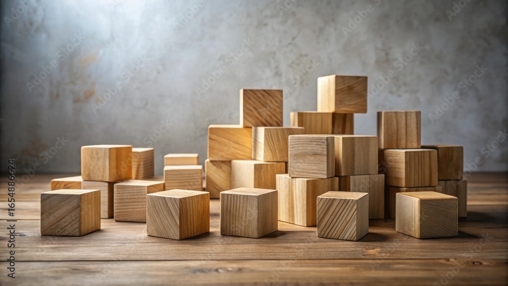 Aufkleber wooden blocks arranged on a rustic surface, creating a visually appealing and conceptually versatile
