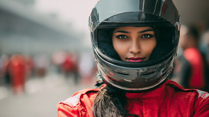 Determined woman race car driver in red suit and black helmet. Portrait of professional racer showing intense focus and determination before racing event