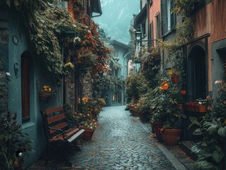 Picturesque alley lined with colorful flowers and rustic buildings