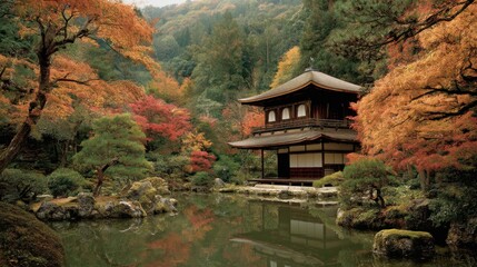 Silver Pavilion Kyoto Japan in Autumn Colors Reflected in Pond Tranquil Scene Landscape