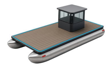 Pontoon-style ferry with a flat deck and minimalistic control cabin