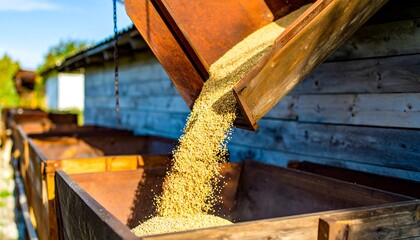 Golden grains cascade into rustic farm wagons, filling wooden troughs under a sunny sky.