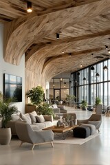 Fototapeta premium Modern lounge with wooden ceiling beams and cozy seating area