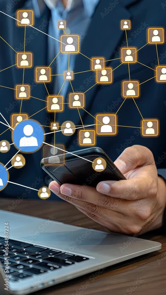Aufkleber a person engages with a smartphone while connecting with a network of digital profiles on a laptop, 