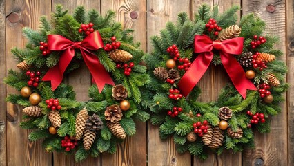 Two festive christmas wreaths with red bows, berries, and pinecones hanging on a rustic wooden door
