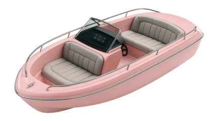 Pink plastic motorboat with a rounded stern and padded interior