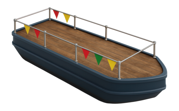Rustic barge with a flat deck and colorful bunting flags