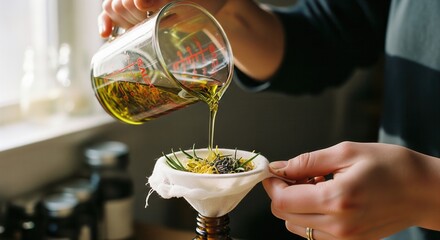 Person pouring herbal infused oil through a filter into a bottle.
