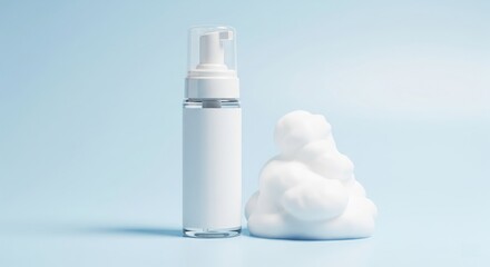 Cosmetic foam pump bottle mockup with blank label on blue background
