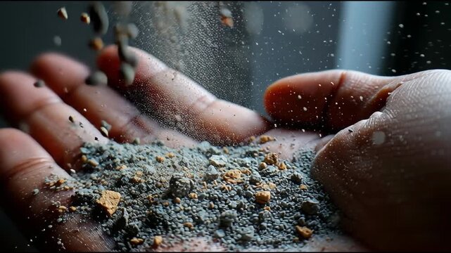 Rare earth minerals industry. Extraction renewable. Elements mining energy. A hand releasing a mixture of sand and fine particles into the air.