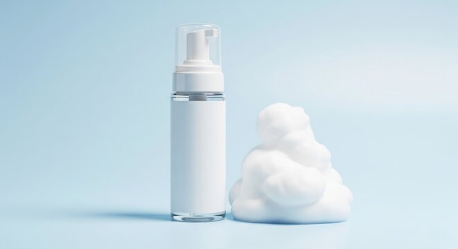 Cosmetic foam pump bottle mockup with blank label on blue background