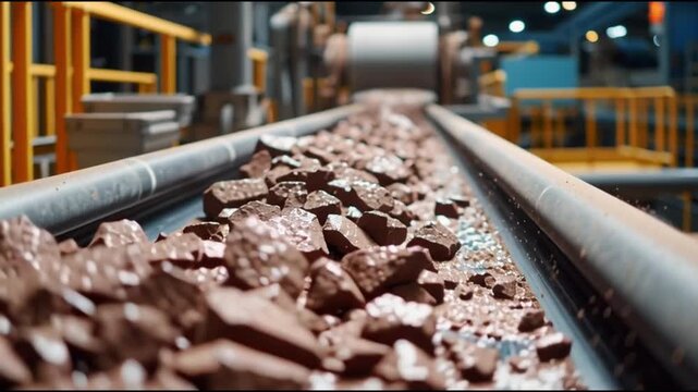 Rare earth minerals industry. Extraction renewable. Elements mining energy. Conveyor belt transporting raw materials in an industrial setting.