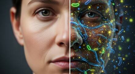 Woman's face with a microscopic view of skin microbiome and bacteria