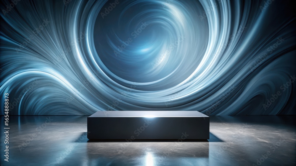 Poster dark abstract swirling background with illuminated platform for product display