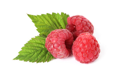Fresh ripe raspberries and green leaves isolated on white