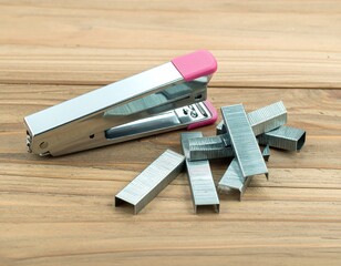 Stapler and staples on a wooden surface