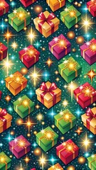 Fototapeta premium Seamless pattern of colorful christmas gift boxes with shiny bows and sparkling lights on a dark green background