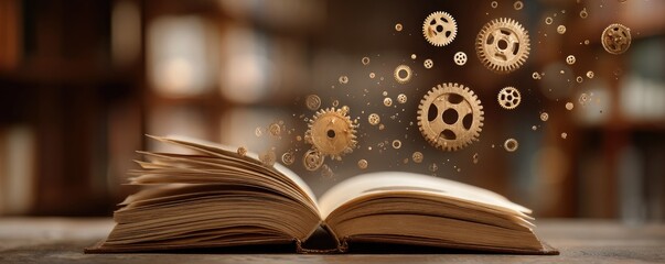 Open book with gears floating, library setting