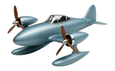 Retro-inspired flying boat with chrome accents and wooden propellers