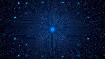 Abstract digital circuit board with glowing blue lines and nodes representing technology and data flow
