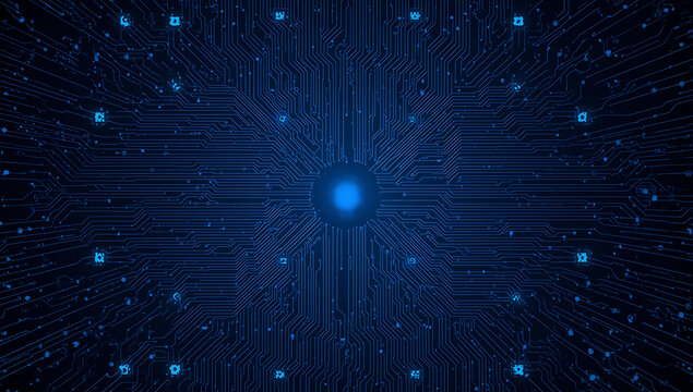 Abstract digital circuit board with glowing blue lines and nodes representing technology and data flow